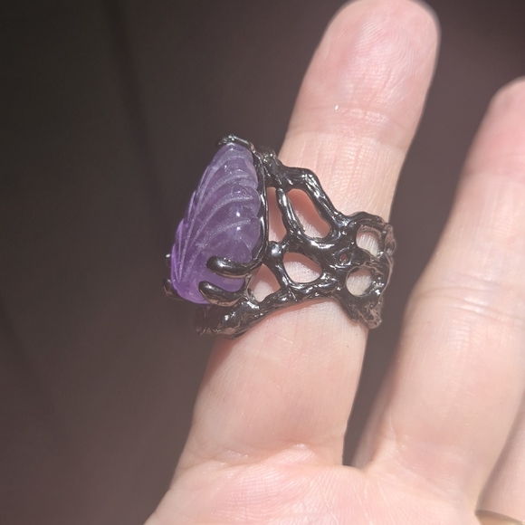 Amethyst 12k leaf & Rhodalite sterling & rhodium ring sz7 - Picture 8 of 10